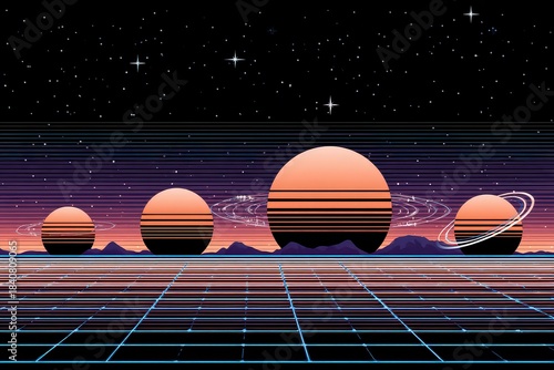 Retro Futuristic Sunset Landscape with Orange Planets and Grid Floor in Deep Space
