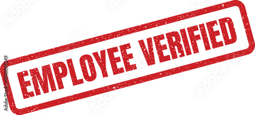 A red rectangular employee verified rubber stamp icon with grunge texture, signifying official approval