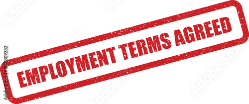 A red rectangular employment terms agreed rubber stamp icon with textured surface for legal documentation