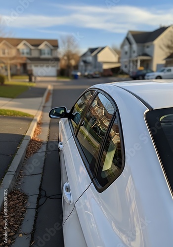 A white car parked on a residential street, showcasing suburban homes in the background.