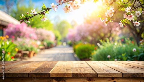 Empty wooden table with a beautiful blurred spring garden and blooming trees in the background under bright sunshine.