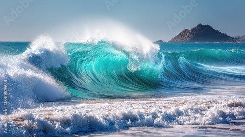 Turquoise Ocean Wave Cresting on a Sunlit Sandy Beach with Distant Island Vista