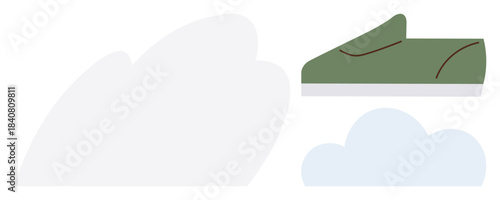 Green athletic shoe hovering among soft clouds in a playful abstract design. Ideal for sports, fitness, leisure, aspiration, outdoor activities, creativity, goals. Simple flat metaphor
