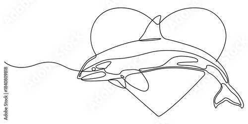 Continuous one line drawing of orca whale. One line of wild whale killer. Under ocean concept continuous line art. Editable outline, World Maritime Day. whale, continuous single line art hand drawing