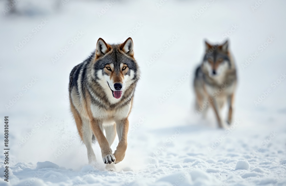Naklejka premium Two wolves run through snowy field. Lead wolf is in focus, its fur colored brown and gray. Its companion follows behind in blurred background. This wild pair moves together across white terrain.