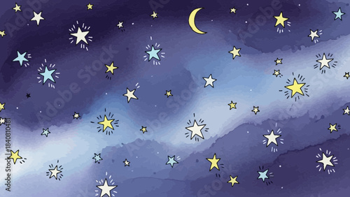 Hand-drawn watercolor night sky filled with shining stars and crescent moon design
