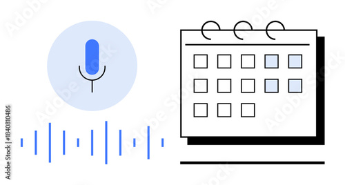 Microphone with sound waves alongside a calendar grid, representing voice-controlled organizing. Ideal for productivity, technology, digital tools, voice interface, personal assistant, scheduling