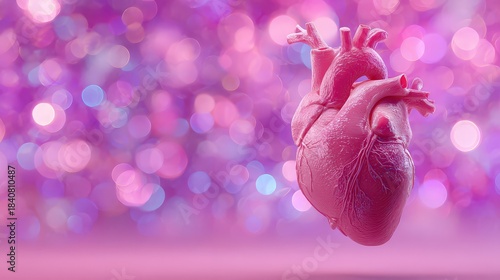 Pink Pixelated Heart Anatomical Model Floating Against A Bokeh Background With Soft Lighting