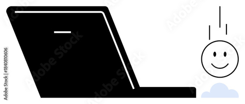 Cloud communication. A laptop icon and a smiling face emerging from the cloud highlight the concept of cloud communication. Cloud platforms streamlining communication. Great for tech visualization