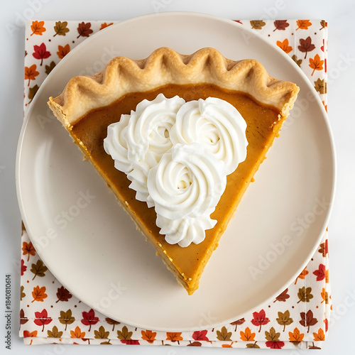 A highly detailed and appealing square close-up of the quintessential Thanksgiving dessert, ready to be eaten.