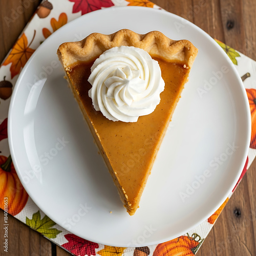 A highly detailed and appealing square close-up of the quintessential Thanksgiving dessert, ready to be eaten.