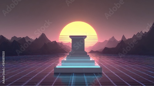 Retro Futurism Pedestal At Sunset With Pixelated Mountains And Digital Grid Landscape