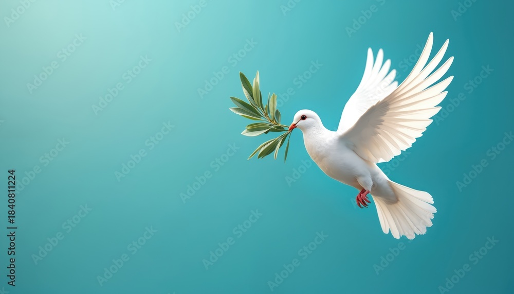 Fototapeta premium White dove carries green olive branch in beak, flies against clear blue sky. Symbolizes peace, hope, and new beginnings. Bird wings spread wide.