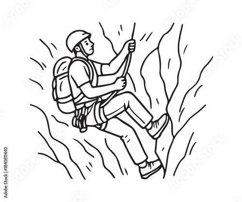 Brave Adventurer Rappelling Down a Rugged Mountain Face With Essential Climbing Gear