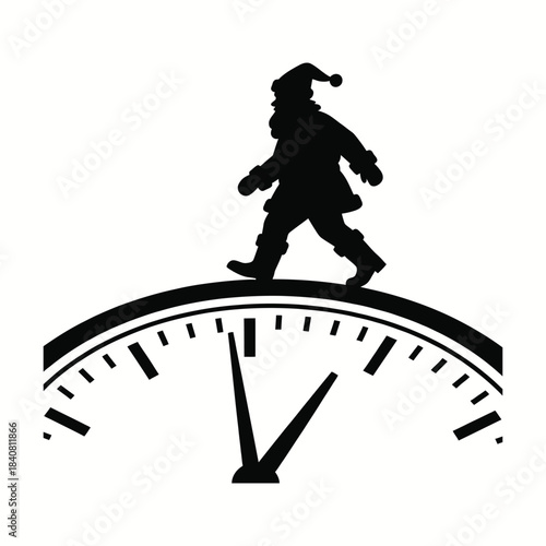 Santa Balancing on a Clock Face — A Silhouetted Holiday Rush Against Time’s Ticking Countdown
