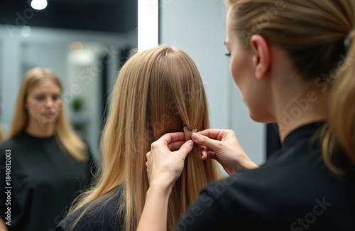 Hairdresser attaches extension strand to blonde clients hair. Woman in salon receives hair lengthening procedure for added volume. Stylist improves style.