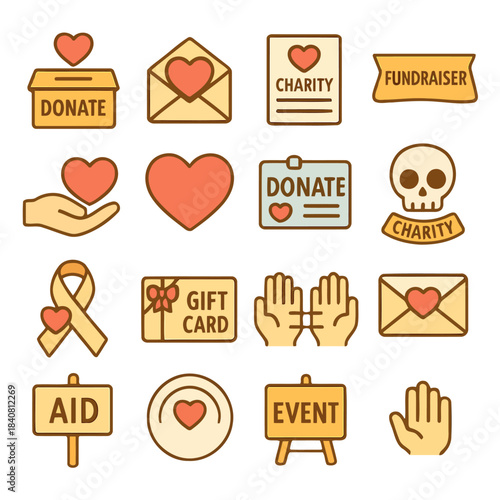 Heartfelt Giving Icons: Set of symbolic icons related to giving, donation, and charity. Representing giving spirit and support for those in need.