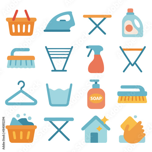 Laundry essentials icons: An artistic representation of laundry essentials, featuring a variety of icons, including a clothes basket, iron, spray bottle, and clothes drying rack.