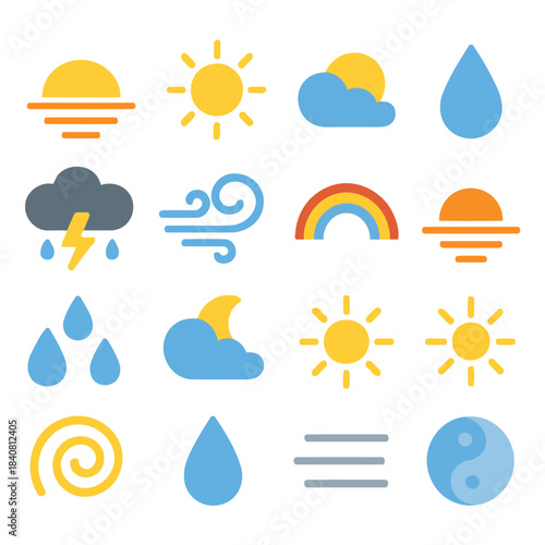 Weather Icons Set: A vibrant collection of weather icons depicting a variety of atmospheric conditions, from sunny skies to stormy clouds, perfect for diverse applications. 