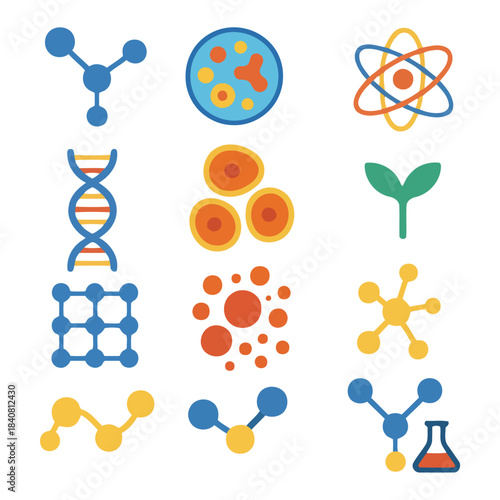 Visual of Scientific: A meticulously crafted collection of molecular diagrams, atoms, biological cells, and organic elements which represent various scientific aspects.