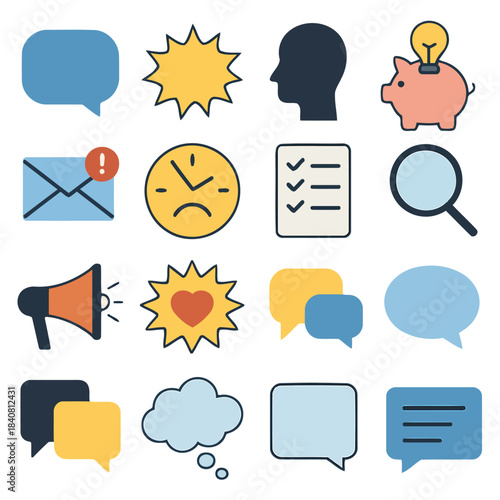 Communication and Thoughts Icons: A comprehensive collection of vibrant icons representing communication, thought, and various concepts, perfect for digital design and informative content.
