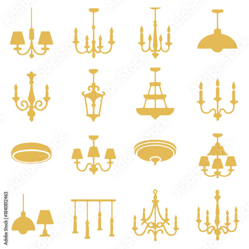 Elegant Lighting Fixtures: Collection of diverse lighting fixtures showcased against an unobtrusive backdrop, displaying various styles of chandeliers and lamps, perfect for interior design.