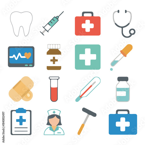 Healthcare Icons: A comprehensive set of healthcare icons, meticulously crafted to represent key aspects of medical care and treatment. A visual guide for all things healthcare.