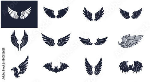 Diverse collection of stylized wings, a vector illustration set featuring mythical, bird, angel, and bat wing designs perfect for fantasy and creative graphic projects