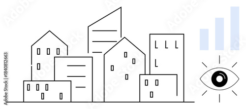 Urban cityscape. Outline city buildings urban development. Urban analytics enhanced with graph data. Monitoring urban growth dynamics. For construction, city development, analytics, architecture