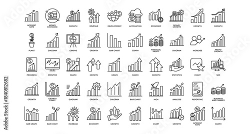 Growth analysis icon set collection. Containing statistics, increase, profit, progress, seo, monitor, report .Line vector icons collection