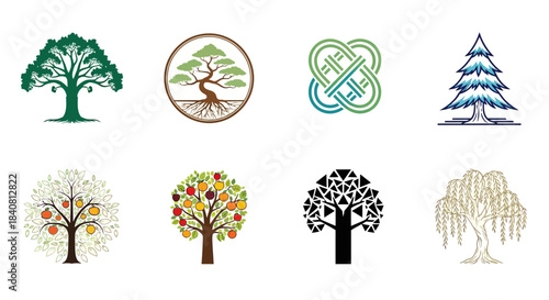 Collection of stylized tree illustrations with diverse designs and symbolic meanings