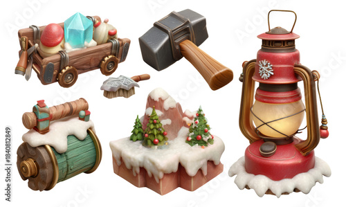 Fototapeta Naklejka Na Ścianę i Meble -  Stylized 3D Christmas Artisan Illustrations with Frosty Details on Transparent Background