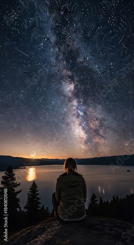 A tranquil figure sits atop a hill, gazing at a breathtaking night sky filled with the Milky Way and a crescent moon reflecting on the calm lake below.