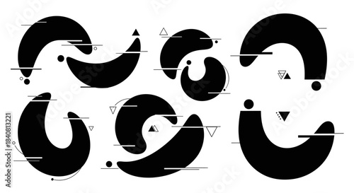 Set of abstract black amorphous shapes with a digital glitch effect.