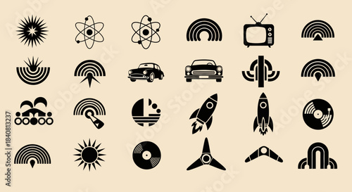 Retro Style Icons Collection Featuring Science Technology Transport and Abstract Shapes.