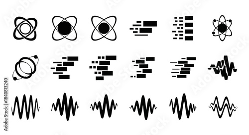 Set of abstract scientific and digital technology icons.