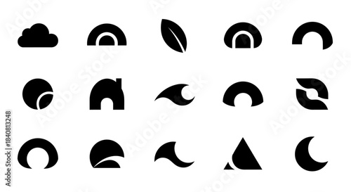 Set of black abstract geometric shapes and modern logo icons.