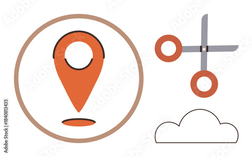Orange geolocation pin in a circle, scissors, and a cloud outline. Ideal for navigation, location, creativity, customization, cloud storage design and digital tools. Simple flat metaphor