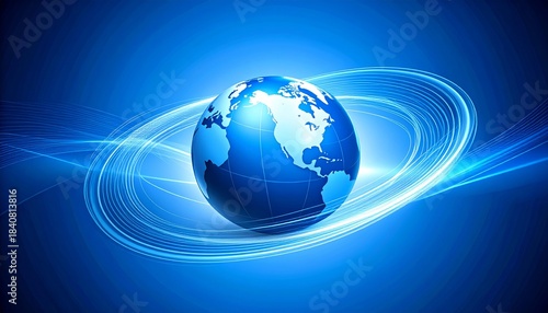 Globe with energy rings on blue background.