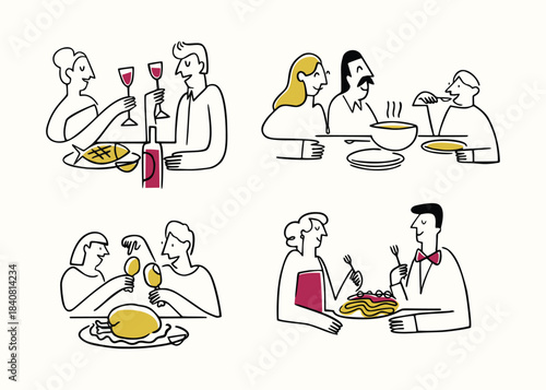 Flat Bold Line Illustrations Showing Moments of Togetherness Around Dinner, Featuring Couples, Families, and Friends