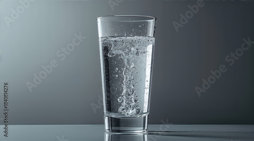 Crystal clear glass of water with splash suspended mid motion in a sleek studio setting