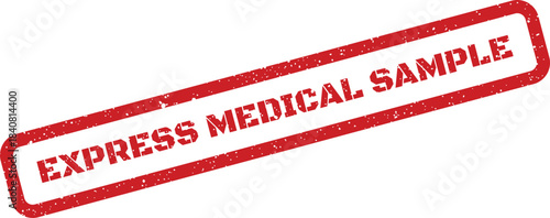 Distressed red rectangular rubber stamp placed diagonally with a textured appearance showing Express Medical Sample