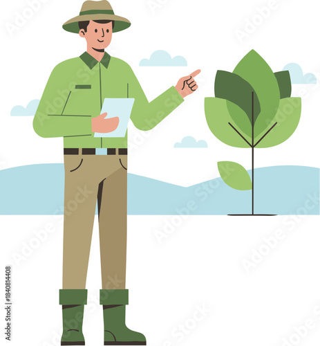 Male park ranger in uniform inspecting a stylized tree.