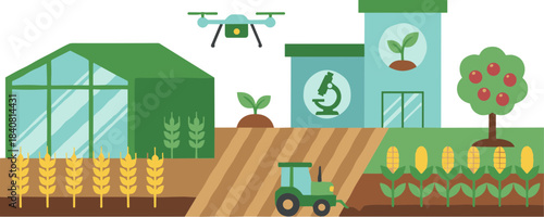 Smart farming concept with drone technology and agricultural research lab.