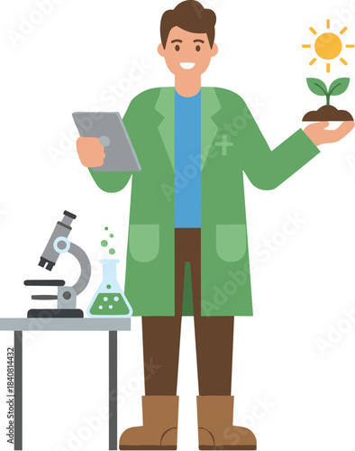 Male botanist scientist character holding a plant and tablet.