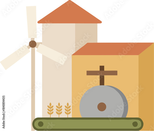 Agricultural grain processing facility with windmill and millstone icon.