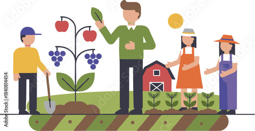 A group of happy farmers working together in a garden.