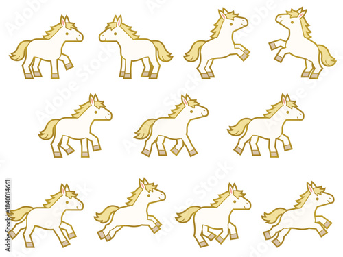 色々なポーズの金の線画付きの白馬のキャラクターイラストセット