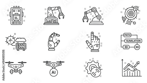 Comprehensive set of line icons depicting advanced robotics, artificial intelligence, and industrial automation for future technology and innovation concepts