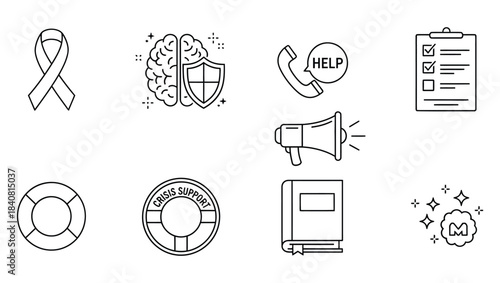 Comprehensive Support and Awareness Line Icons for Mental Health, Crisis Intervention, and Well-being Resources